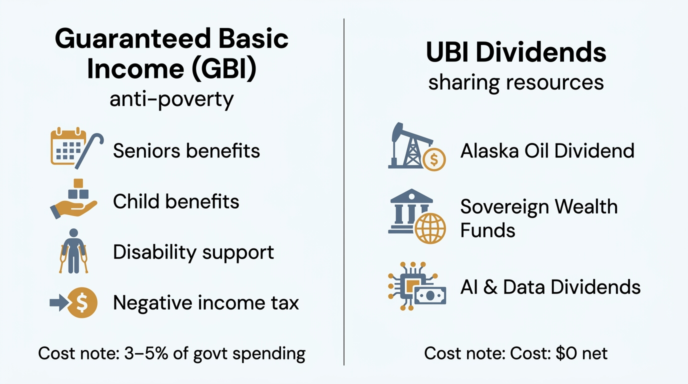 GBI vs UBI comparison — Guaranteed Basic Income as anti-poverty floor, UBI Dividends as shared resource wealth