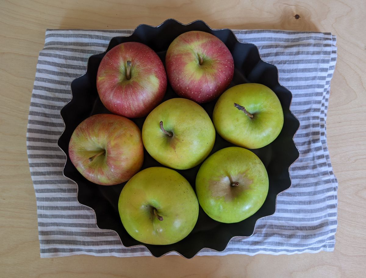 Four Mutsu apples, and three Evercrisp.