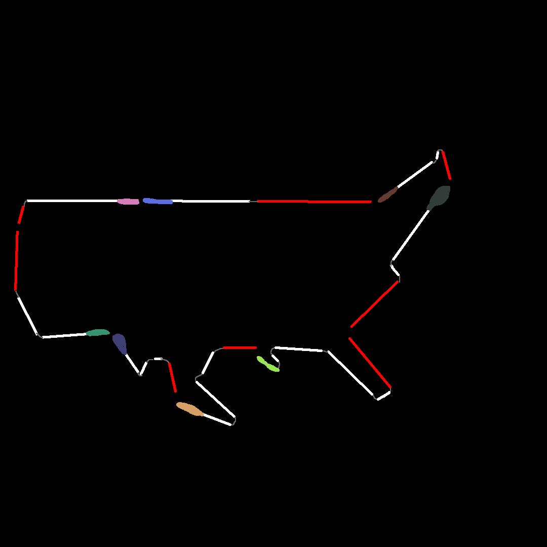 pixel art of the USA but it's borders are made of white canes. Some have handles coloured blue or pink or green. The interior and background is solid black