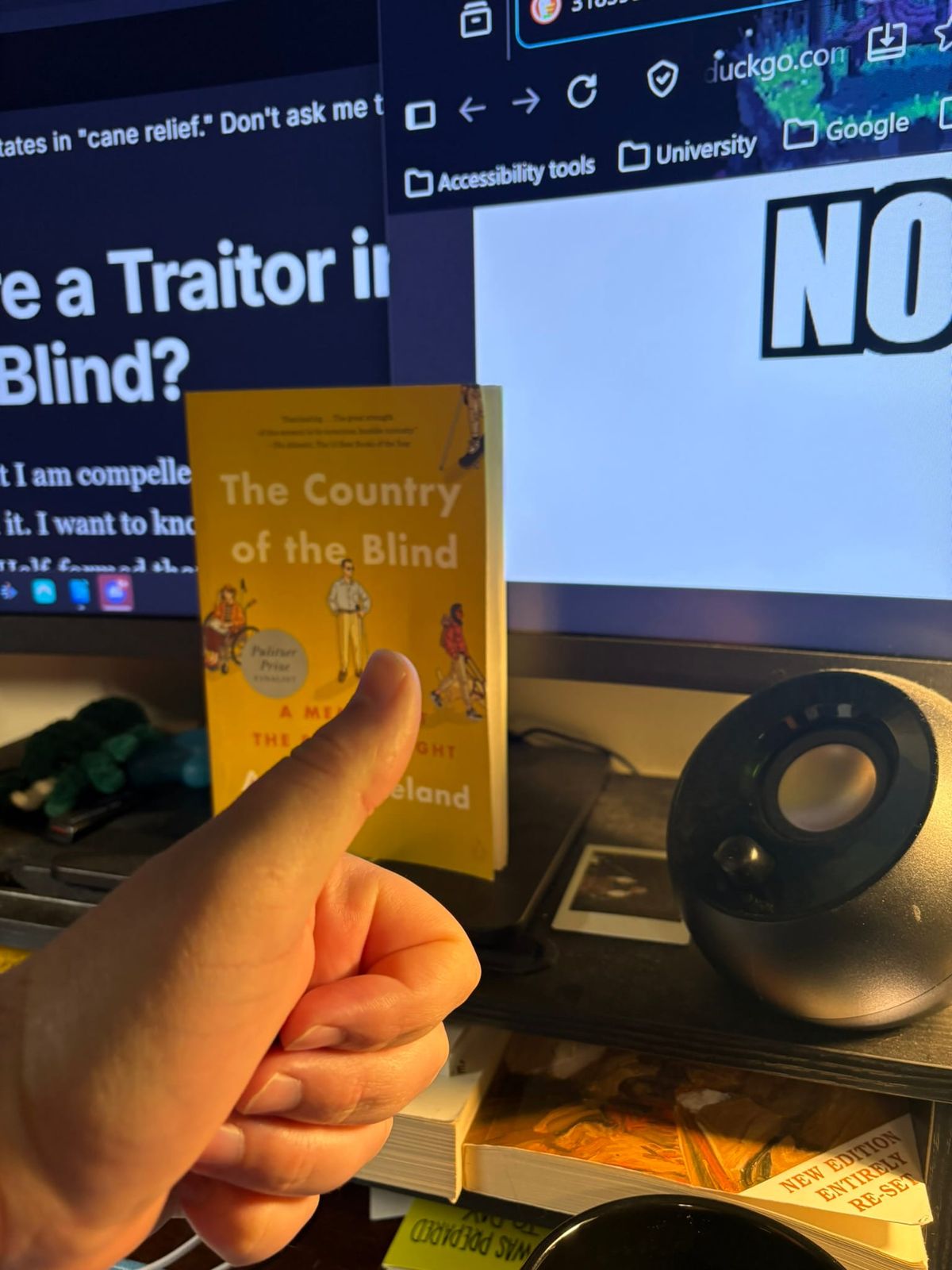 Andrew Leland's The Country of the Blind resting against a screen displaying my firest essay on the book. I have a thumbs up in front of it and another window on the screen says "no"