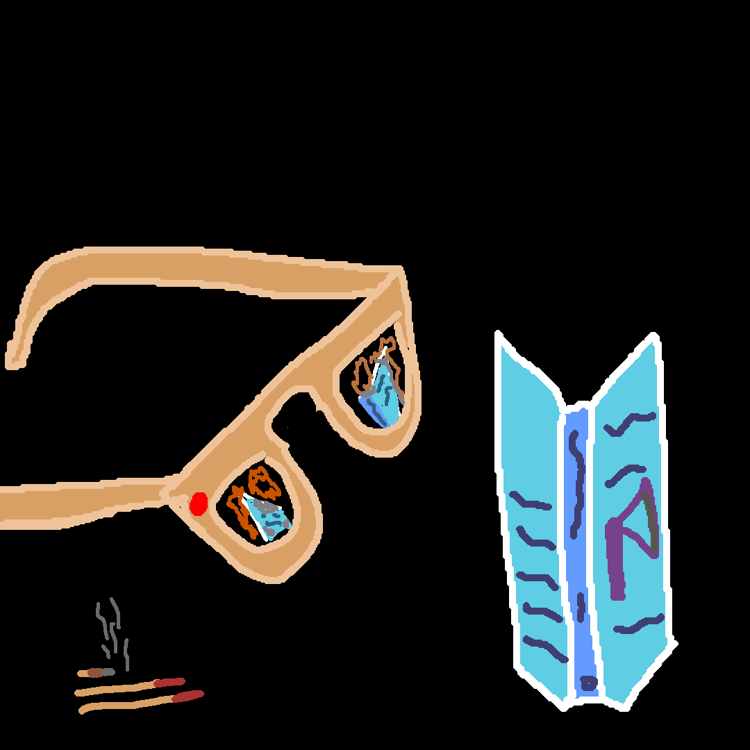 shitty pixel art: recording Meta glasses pointed at a book next to some matches one of them is used and smoking. the glasses reflect the book burning