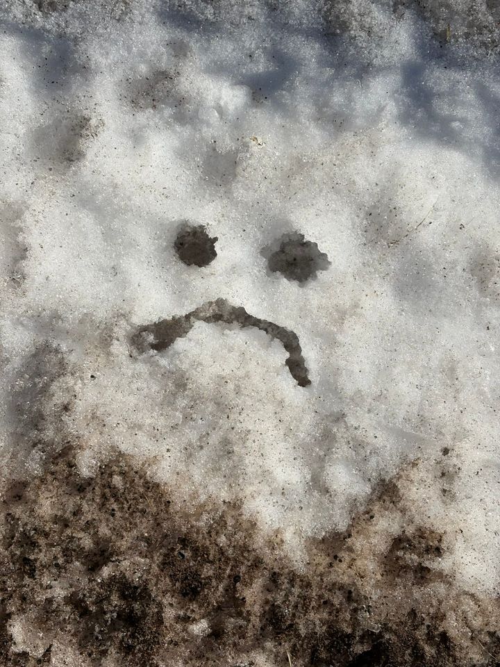 a frowning face poked into snow