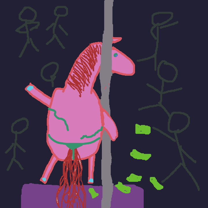 poorly done pixel art of a pink pony stripping with a crowd throwing money at her