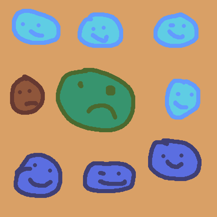 A lone green face frowns surrounded by four light blule smiling faces, three dark blue smiling faces, and one brown face that is also frowning. It is all shitty pixel art