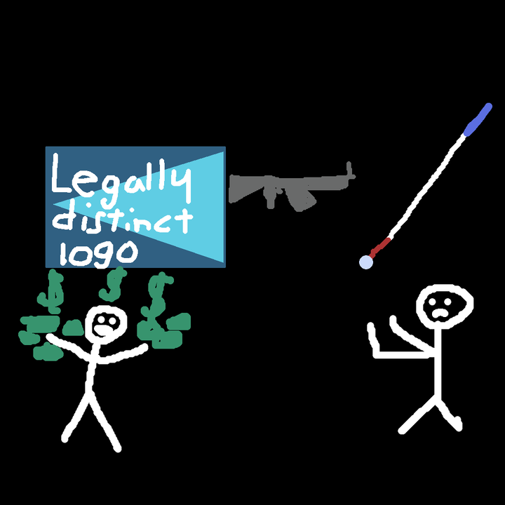 a legally distinct parado of the foundation fighting blindness logo pointing a gun at a cowaring figure. someone stands beneath it revelling in money