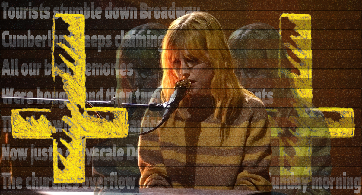 Fuzzy image of Hayley Williams singing wearing a striped sweater. Scanlines cut across the image and ghostly versions of Williams sit behind her. An upside down yellow cross covers it.