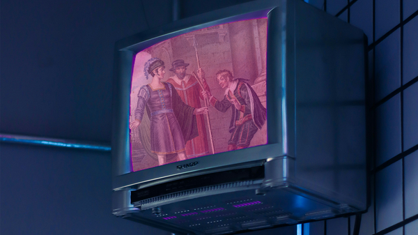 a boxy television shows a scene from The Comedy of Errors overlaid with a fuchsia glow