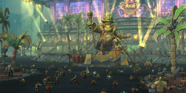 screenshot from World of Warcraft cutscene wherein dozens of goblins have affixed ropes to a giant statue in front of the Gallagio, Jastor Gallywix's pleasure fortress