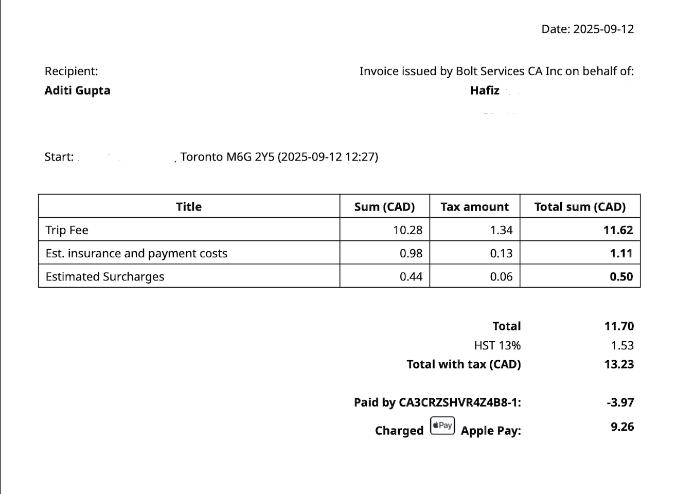receipt for a hopp ride in toronto