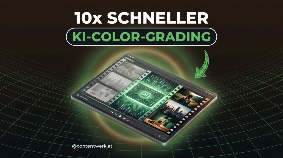 Imagen Video KI-Color-Grading Vorher-Nachher Filmstreifen mit AI Circuit Pattern Cover-Grafik