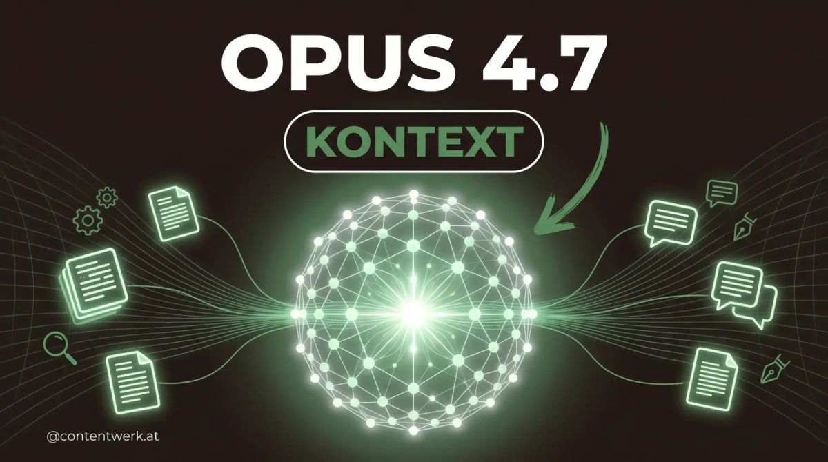 Claude Opus 4.7 Visual mit Kontext-Strömen, die in zentrale Sphäre fließen — ContentWerk-Stil