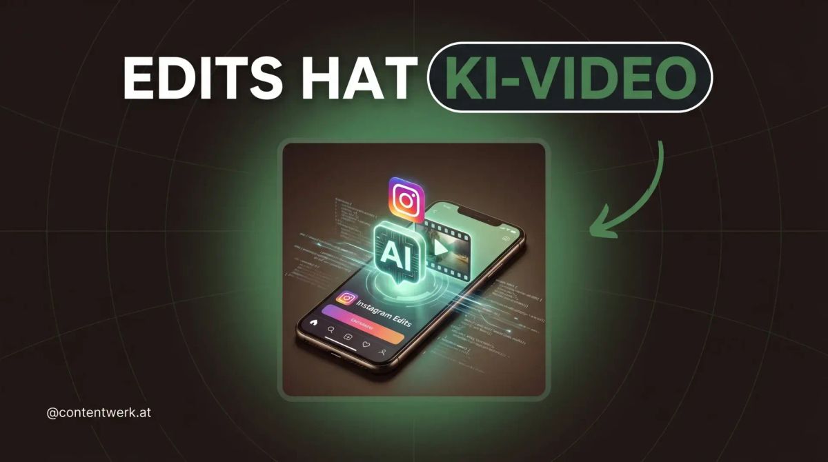 Smartphone mit Instagram Edits App und KI-Video-Generation Icon vor dunklem Hintergrund mit grünem Akzent