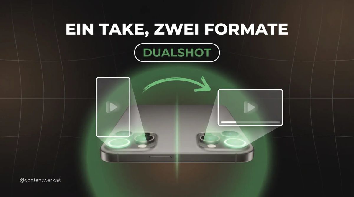 iPhone von hinten mit zwei leuchtenden Kameralinsen, die parallel ein vertikales und horizontales Video-Frame projizieren — DualShot Recorder visualisiert.