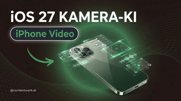 iPhone mit holografischen iOS 27 Kamera-KI-Elementen auf dunklem Hintergrund