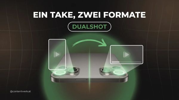 iPhone von hinten mit zwei leuchtenden Kameralinsen, die parallel ein vertikales und horizontales Video-Frame projizieren — DualShot Recorder visualisiert.