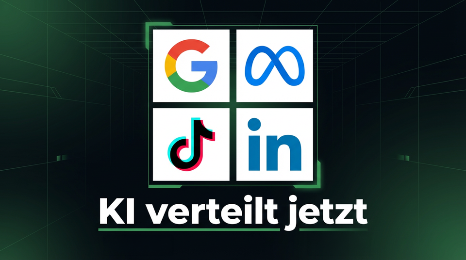 Grafik mit Google, Meta, TikTok und LinkedIn Logos — KI Content-Verteilung 2026, ContentWerk