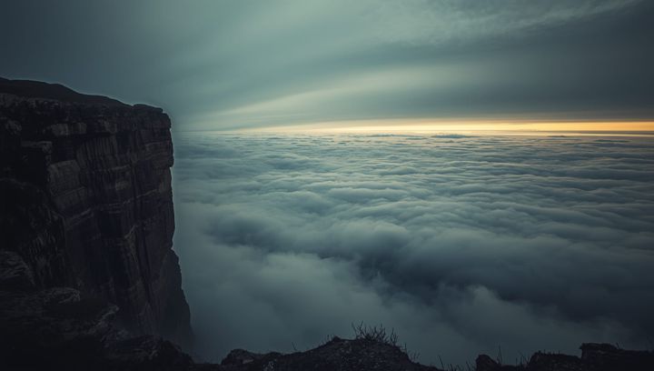 A wide-angle, cinematic landscape photograph with a massive, sheer cliff overlooking an endless, empty sea of clouds and an infinite horizon.
