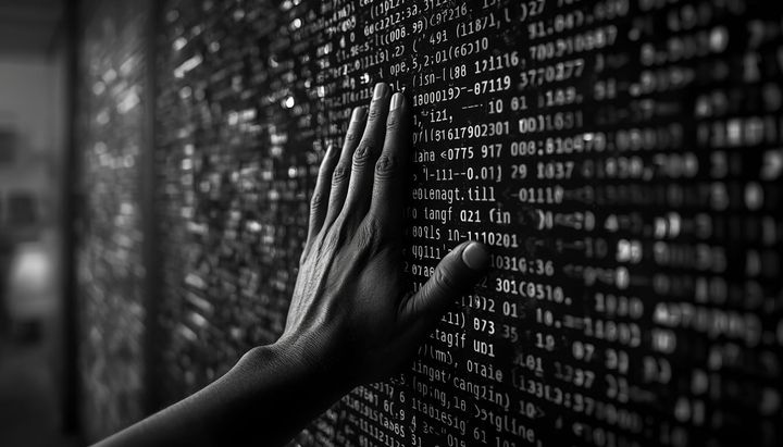 A human hand pressing against a floor-to-ceiling wall of glowing digital code and data streams.