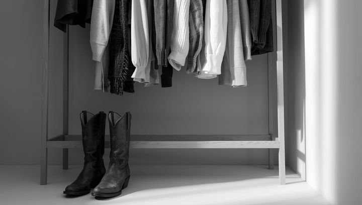 A minimalist black and white capsule wardrobe with a pair of well-worn leather cowboy boost that are placed in front of the closet.