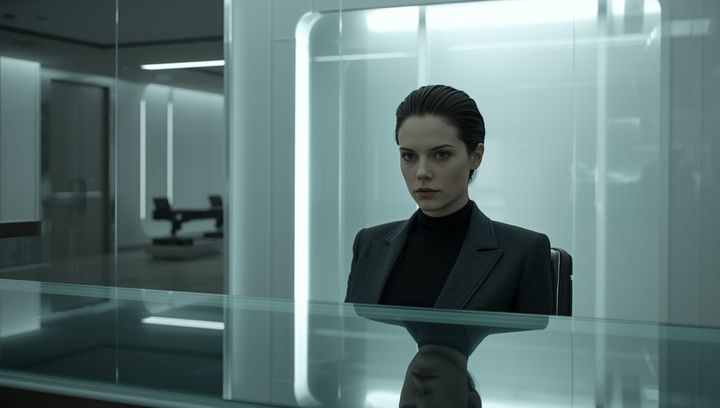  A futuristic receptionist sits behind a polished glass counter.