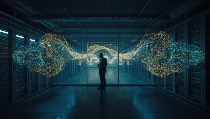 A data center at night. In the center aisle, two distinct, advanced autonomous algorithmic entities face each other. Between them stands a single human executive holding a coffee cup.
