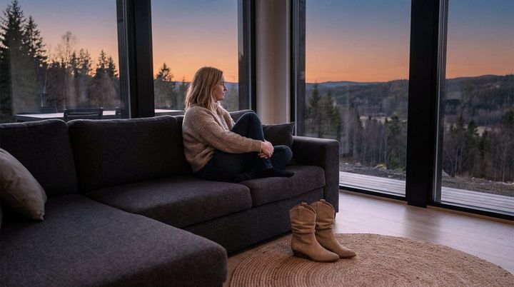 A woman is sitting on her sofa in her modern house.