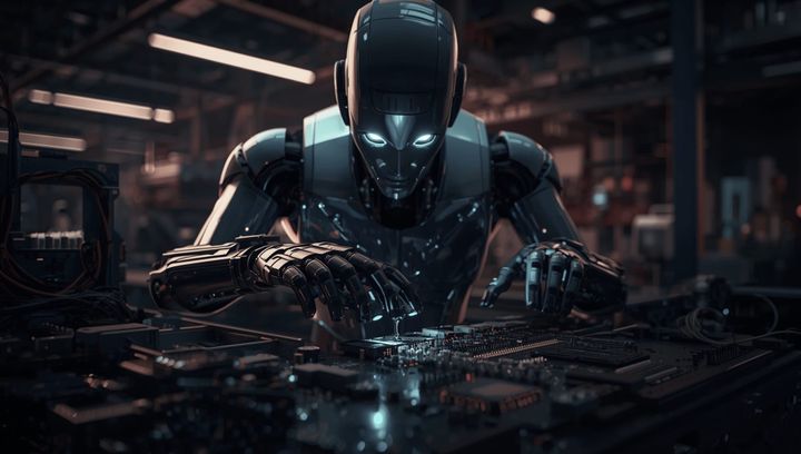 A factory robot is working on a product.