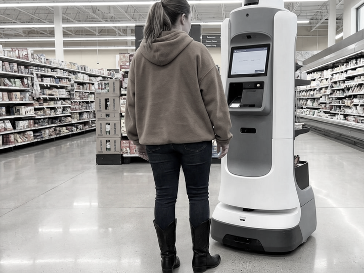 A woman is standing next to a robot in a supermarket.