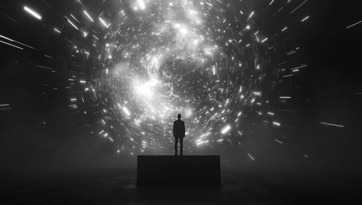  A human figure is standing on a podium and looks at a swirling storm of glowing geometric data streams.