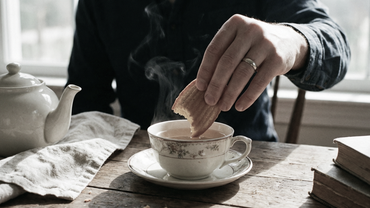  A man drinks a cup of tea, dipping a small, shell-shaped pastry called a petite madeleine into it.