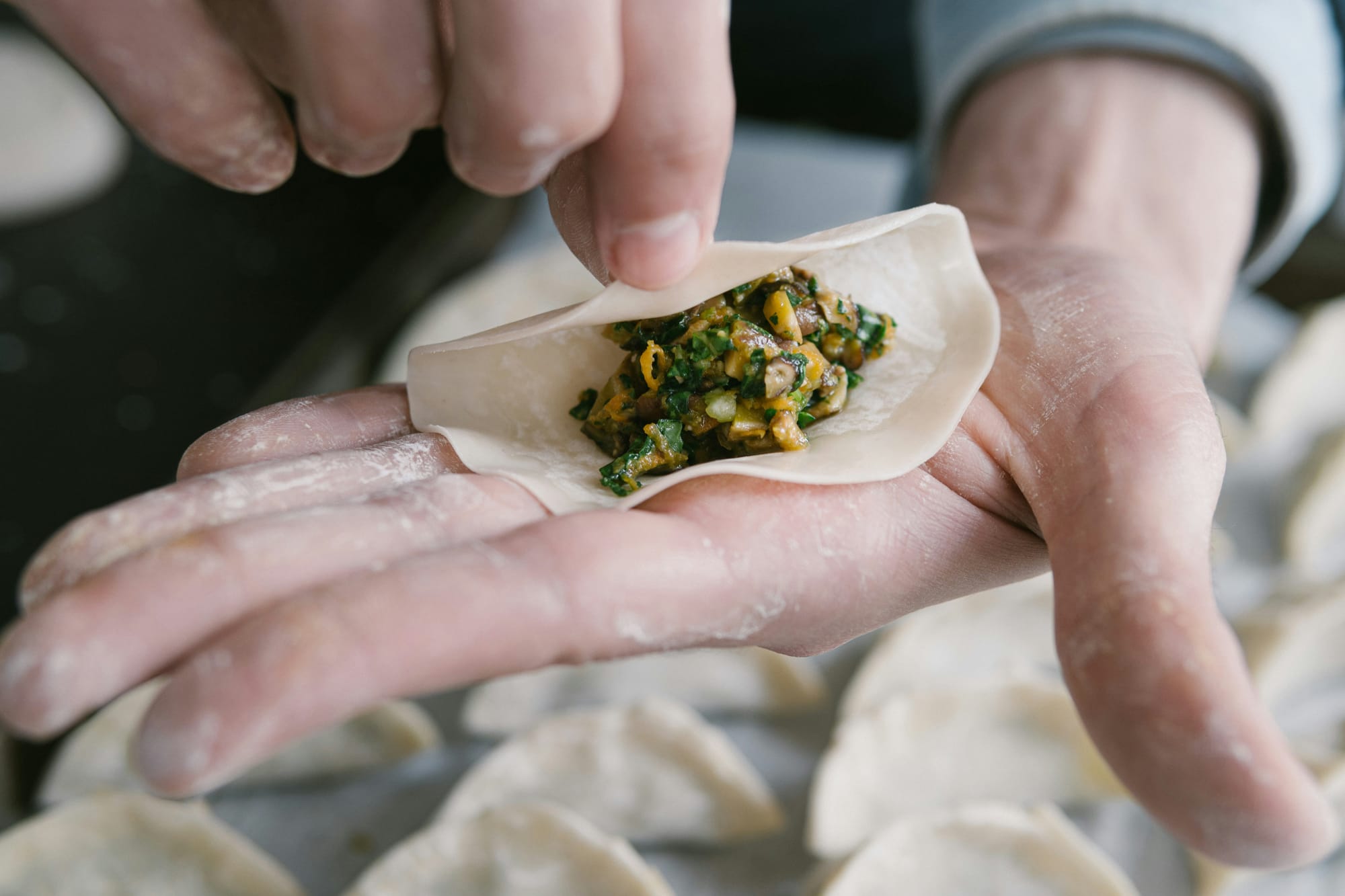 A hand demonstrating the fold of a dumpling wrapper over the mixed meat and vegetable filling.