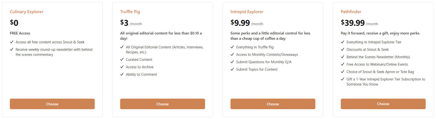 Pricing chart for Snout & Seek monthly subscriptions along with subscription details.