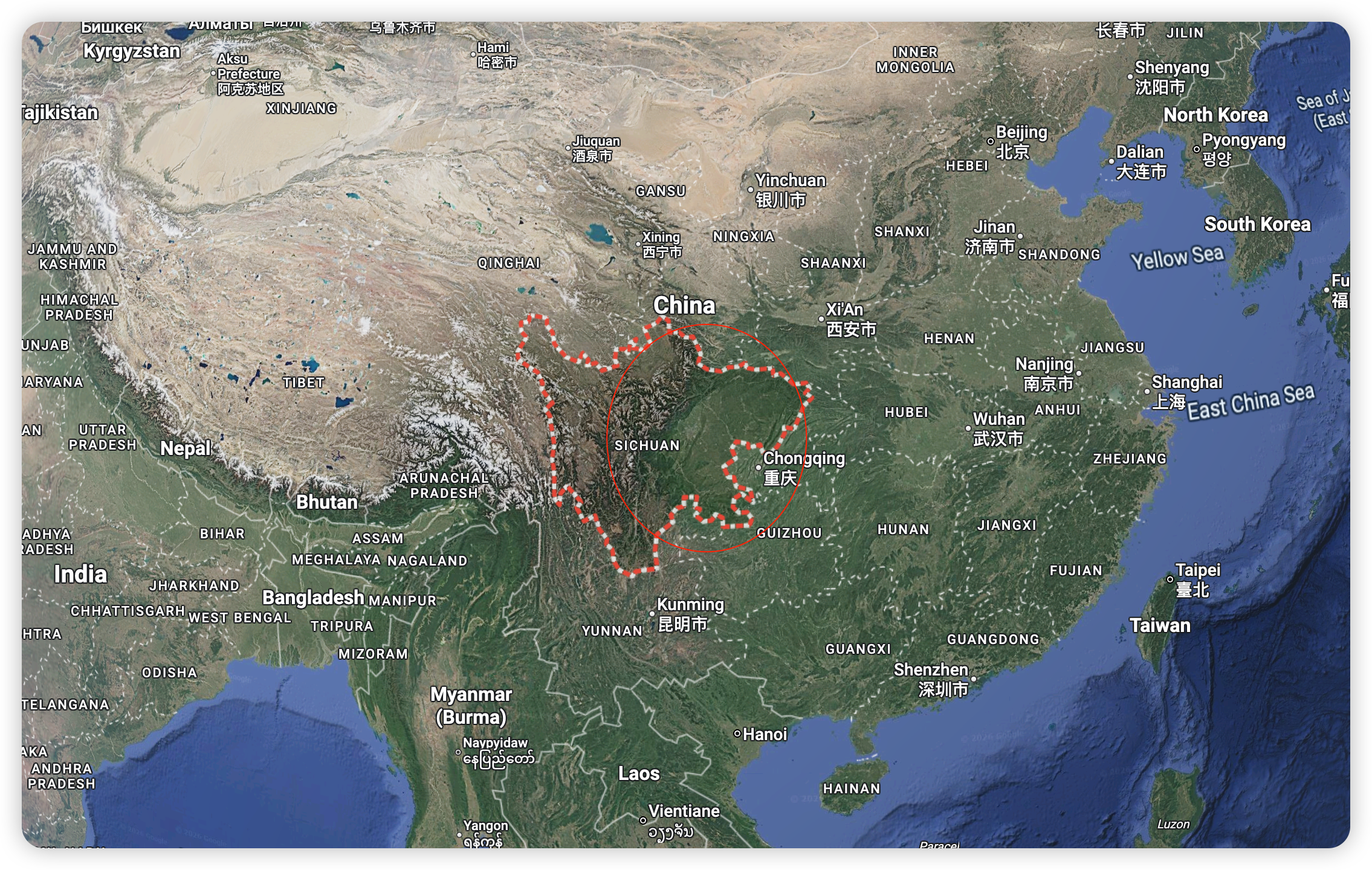 A Google map screen capture showing greater Asia with the Sichuan province highlighted with a red border.