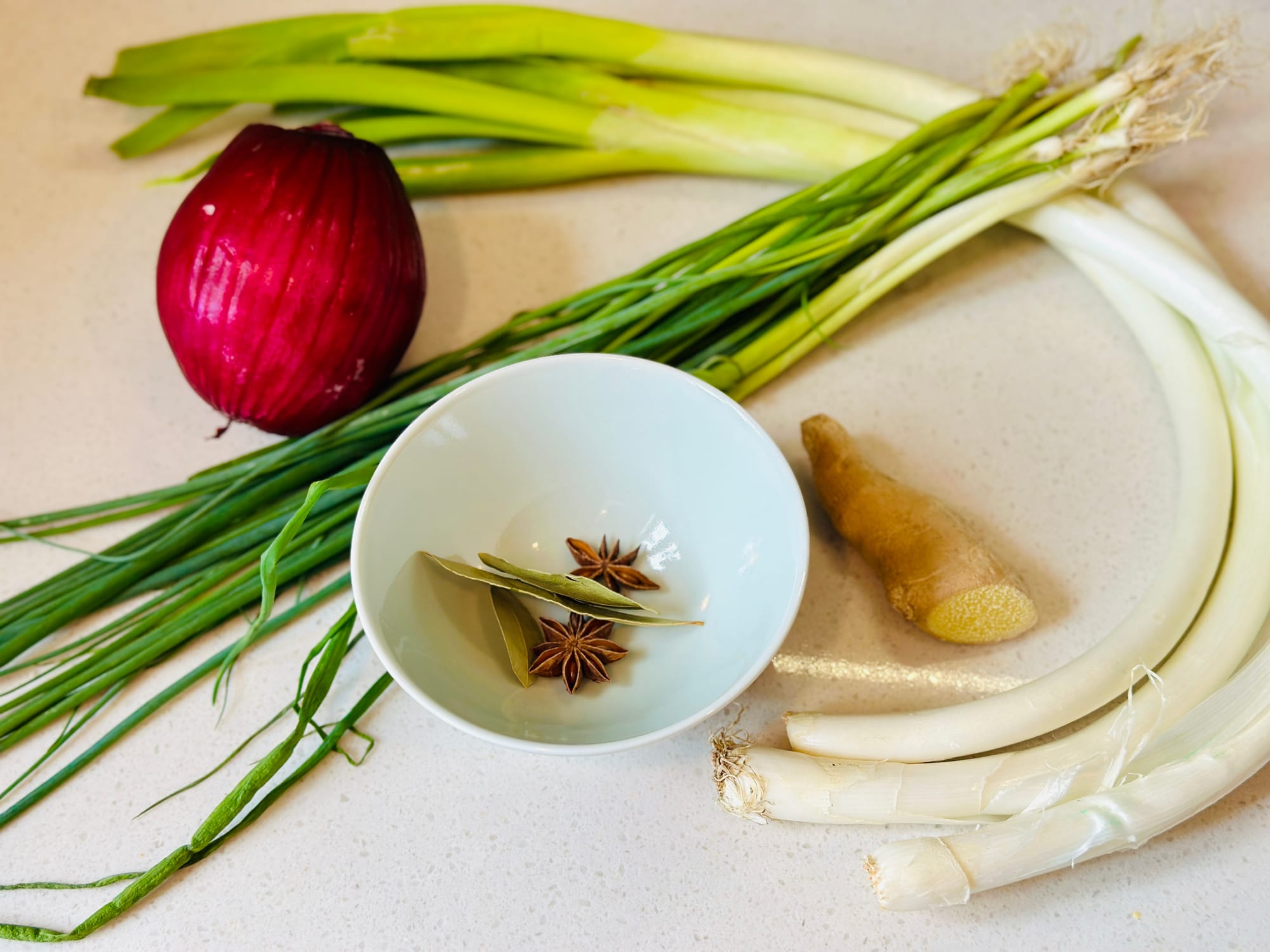 Ingredient spread for Shanghai scallion noodles: one red onion, 2x star anise, 2x bay leaf, 1x ginger, and large scallions