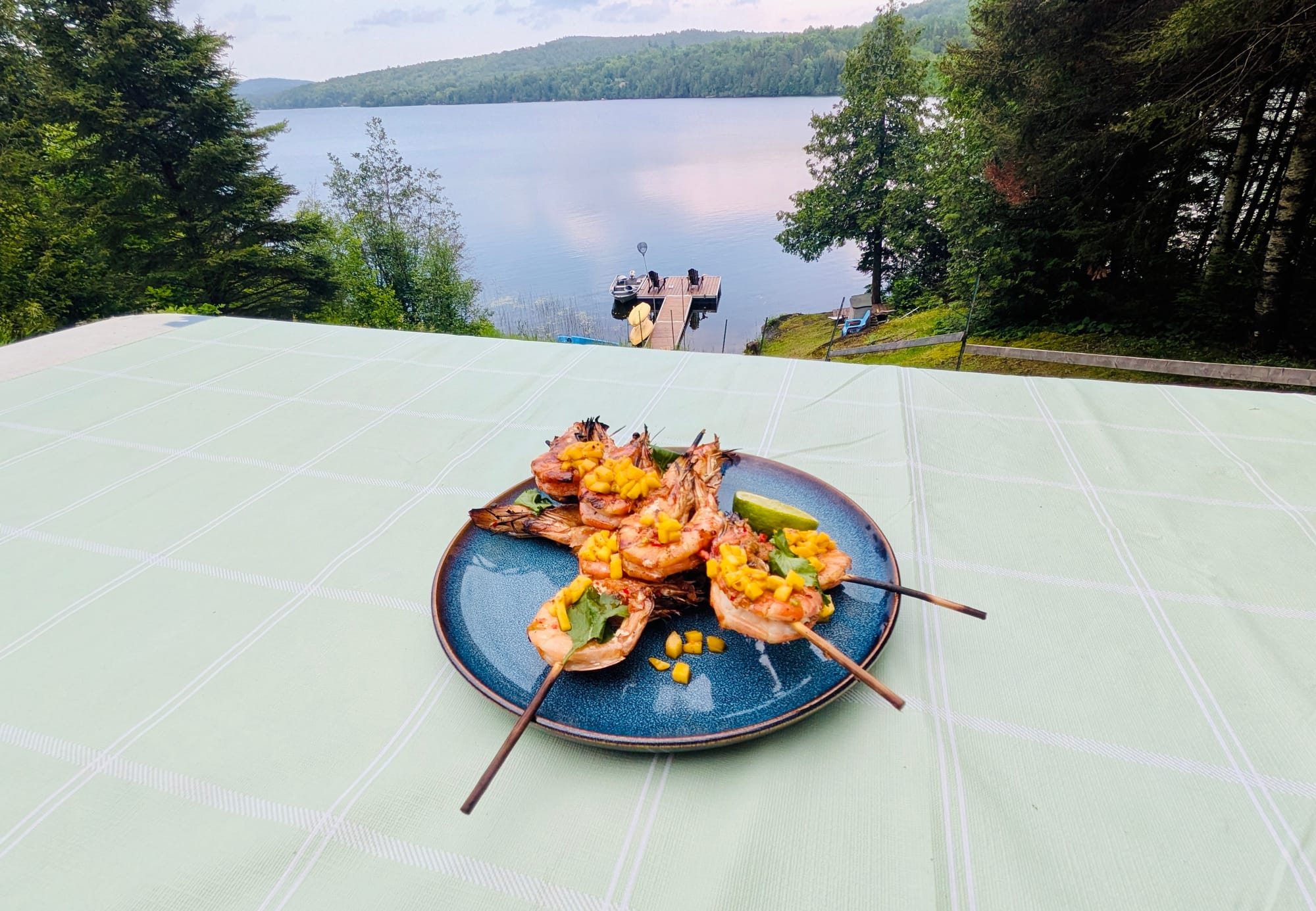 Prawn skewers on a plate on a table with a forested lake in the background