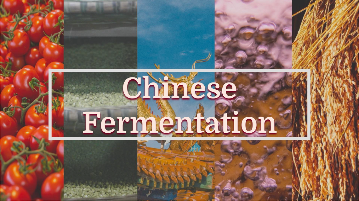 A mosaic of tomatoes, fermenting beans, Chinese architecture, and grains.