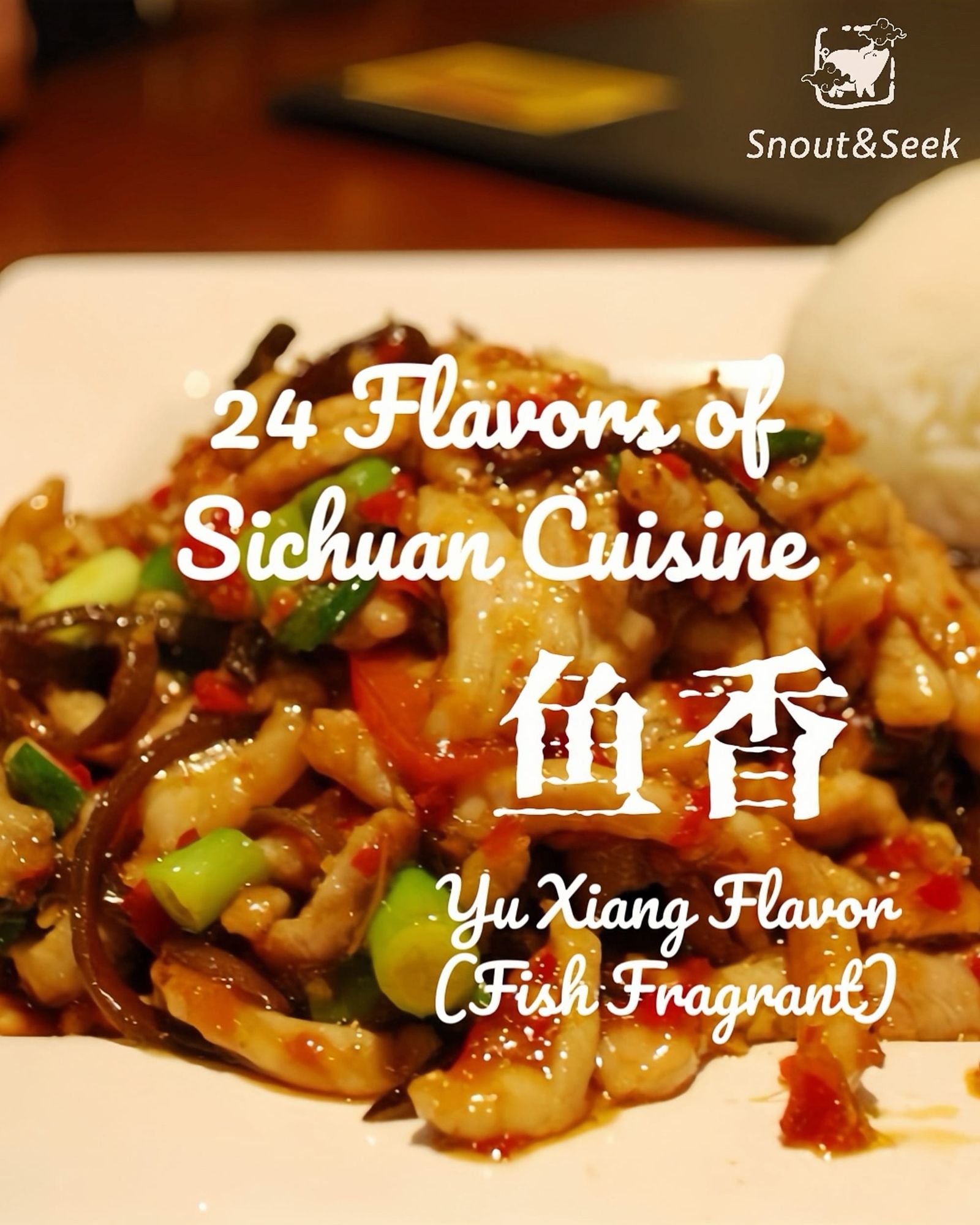 Shredded pork with mixed vegetables in a redish-orange sauce piled on a square white plate with a perfectly formed pile of rice in the top right corner.