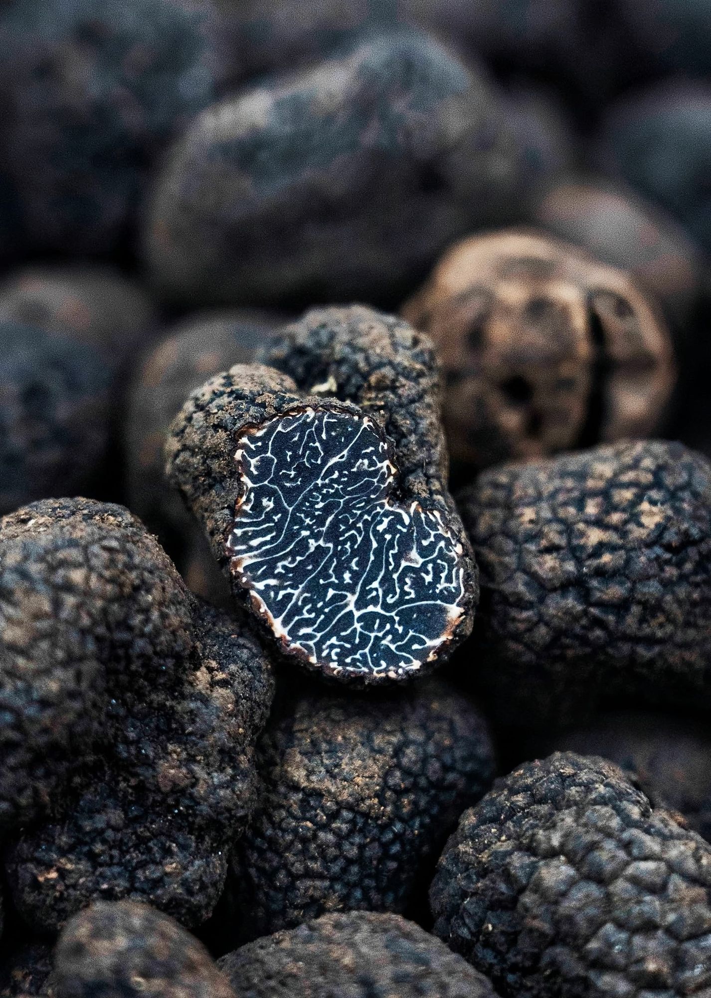 A closeup photo of black truffles. In the center of the pile, one is sliced in half, showing a wavy black and white pattern inside.