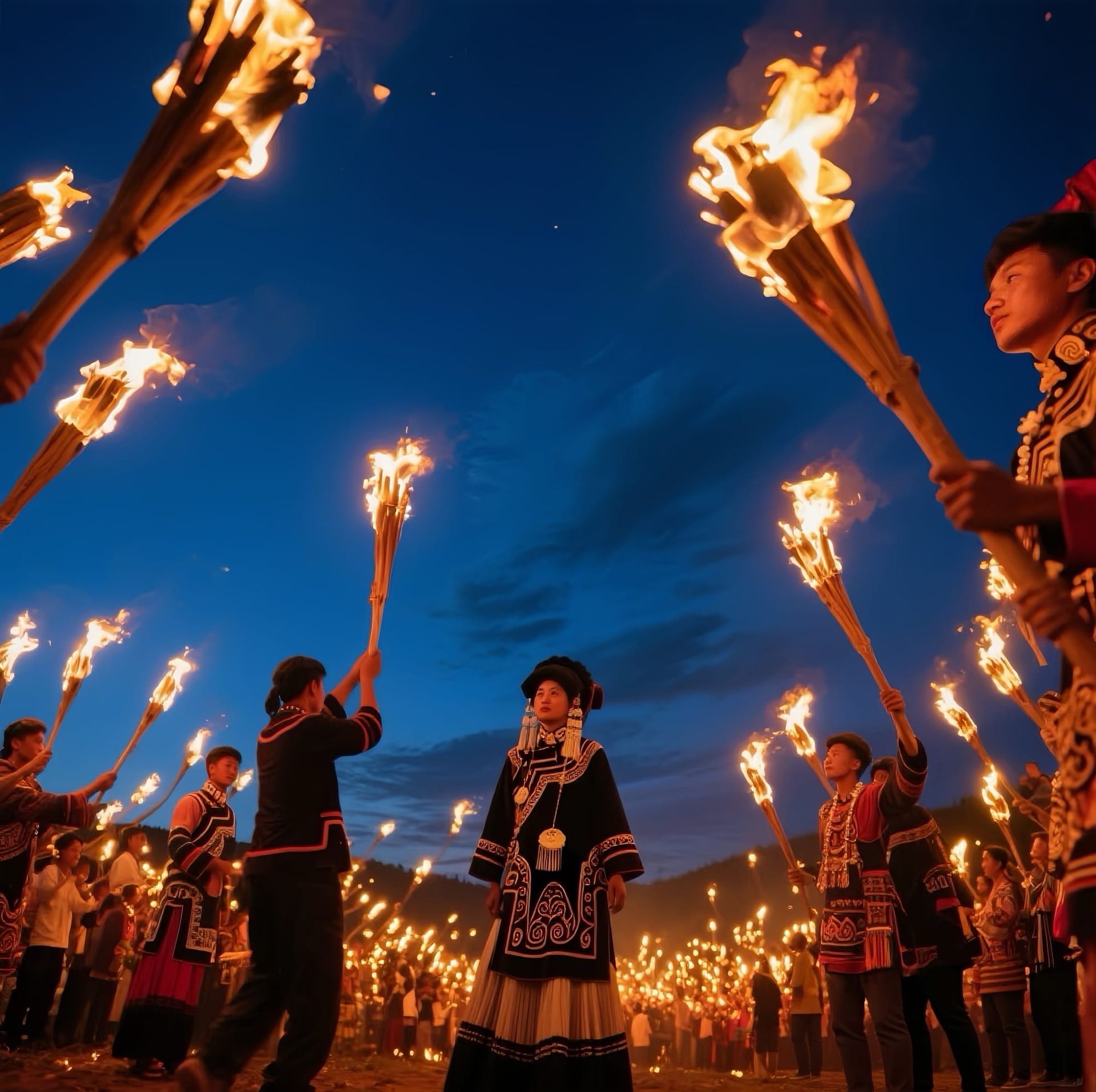 Yi people holding bamboo torches aloft, by the hundreds, surrounding a traditionally dressed Yi woman.