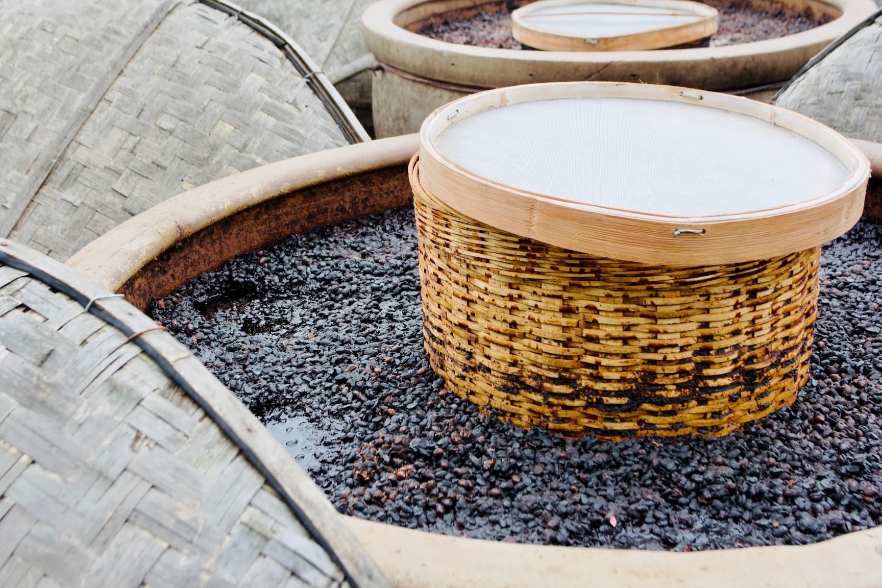 A soy sauce fermentation urn with rich dark black soy beans surrounding the bamboo cistern that collects the rich sauce, topped with a micro net to prevent insects from climbing inside.