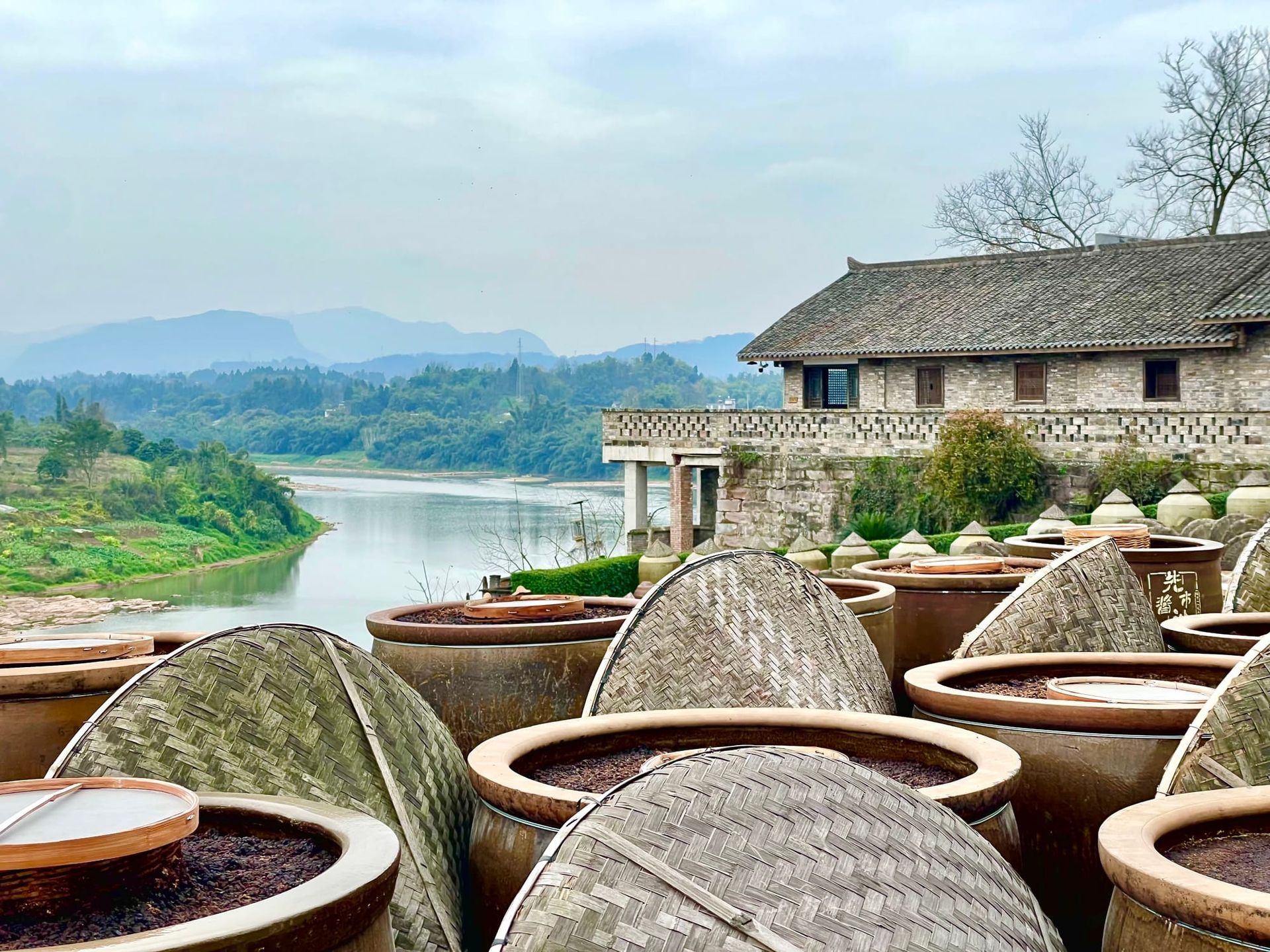 Rows of bamboo and clay urns filled with fermenting soy sauce sit with their lids off in long rows next to a stone building beside the Yangtze river.