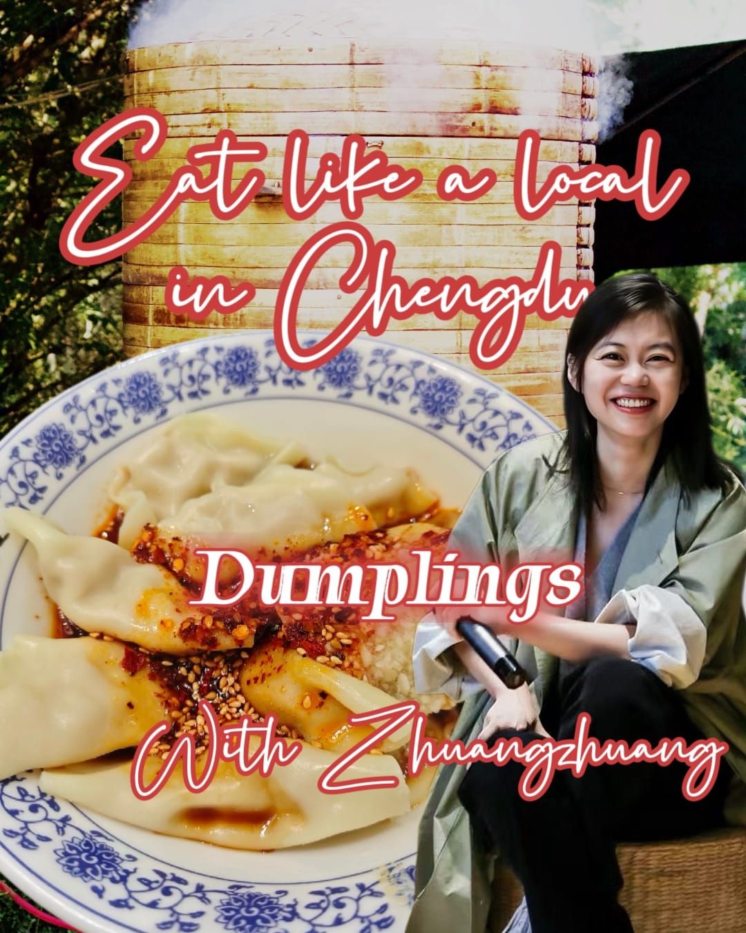 A Chinese female - ZhuangZhuang - sitting with a microphone, edited next to her is a plate of dumplings with spicy sauce.