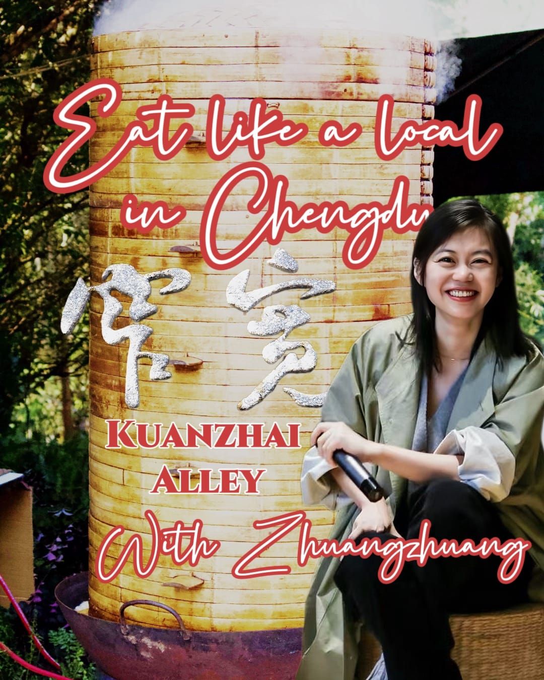 A Chinese woman holding a microphone in front of a 6 foot tall bamboo steaming basket
