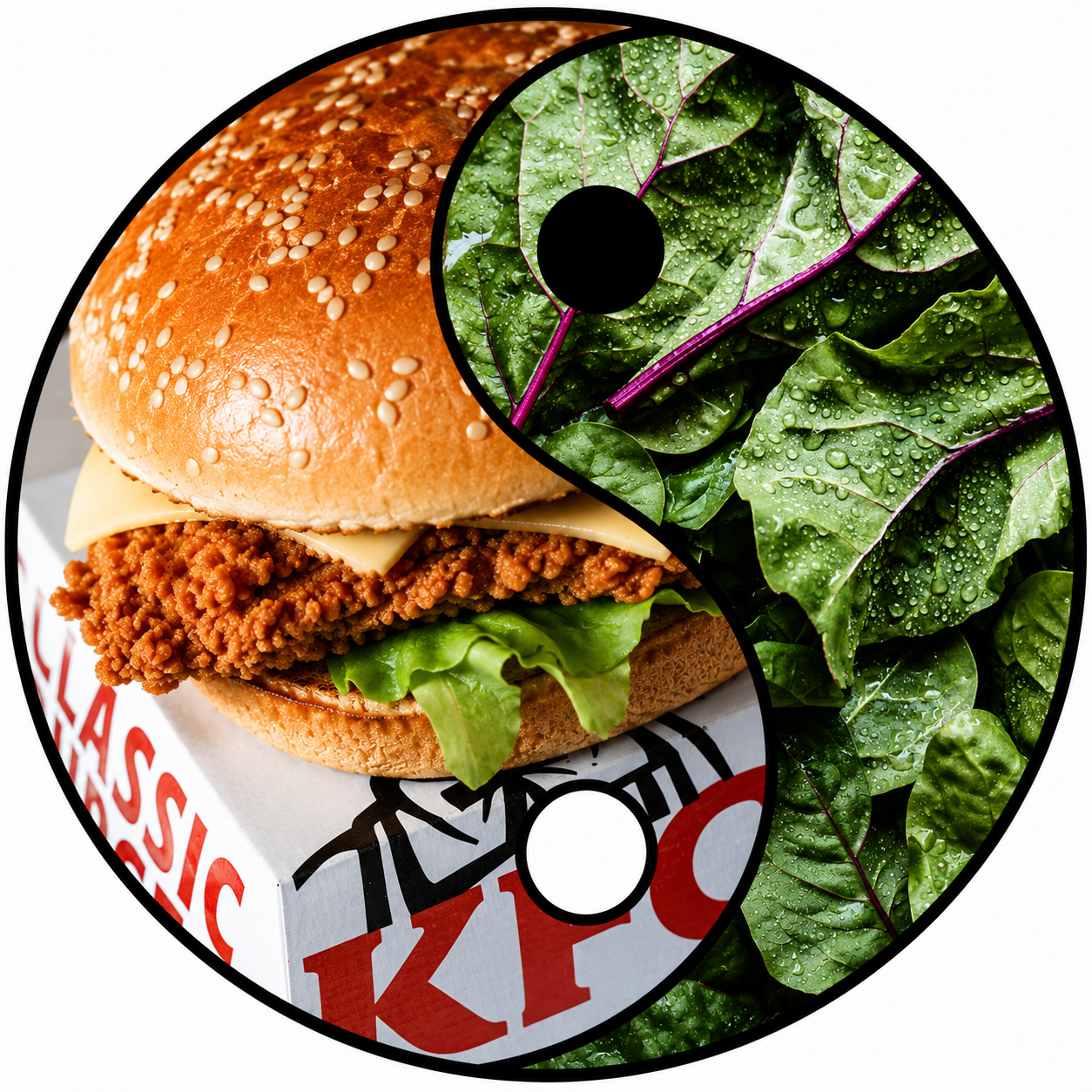 A Yin Yang with KFC on one half and kale on the other.