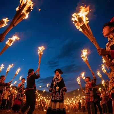 Yi people holding bamboo torches aloft, by the hundreds, surrounding a traditionally dressed Yi woman.