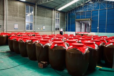 Row by row of tall brown clay urns covered with plastic wrap and red cloth contain sour soup in a blue and green warehouse.