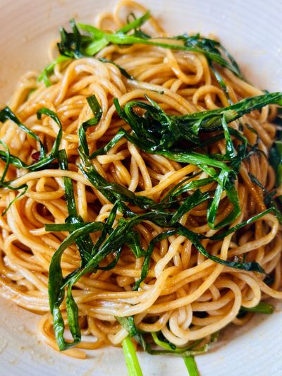 Shanghai Scallion Oil Noodles - light golden brown noodles with crispy scallion shoots on top