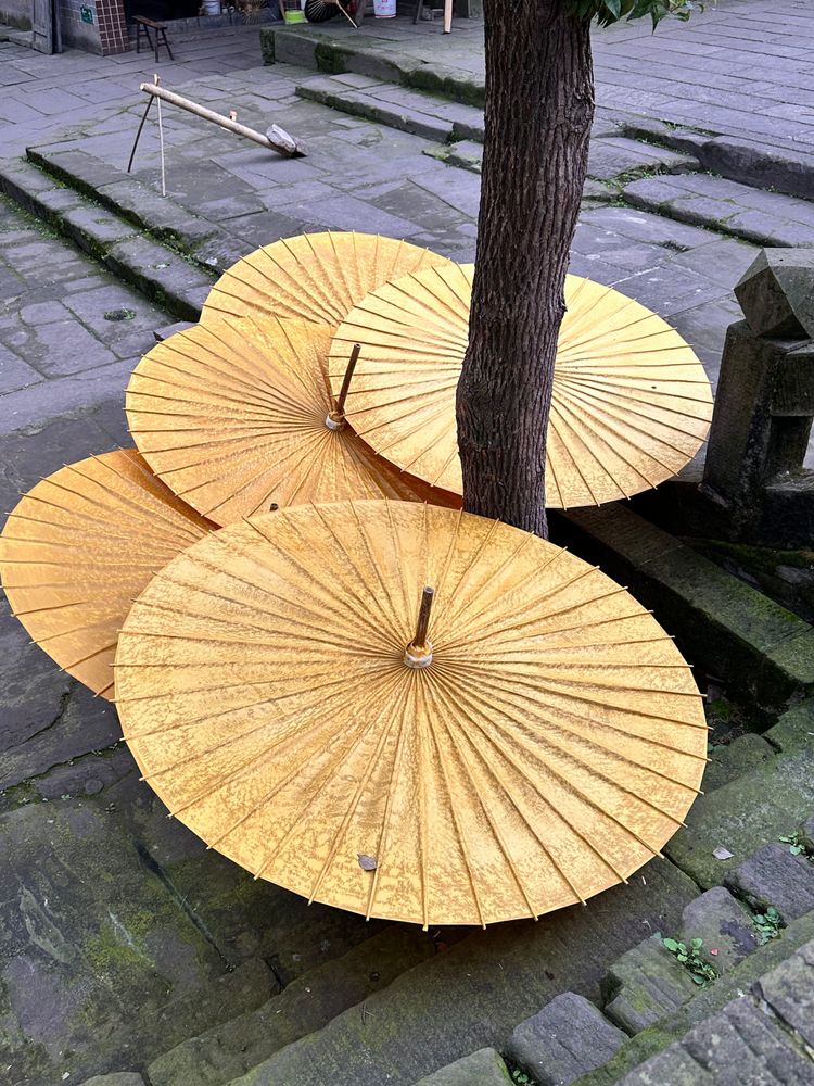 Five oil paper umbrellas resting on old stone ground near a tree in a Chinese market in Luzhou, Sichuan, China.