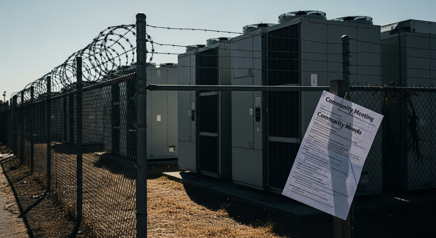 Photo: tftc.io A rows of identical gray server cooling units loom behind a chain-link fence topped with razor wire at the edge of a