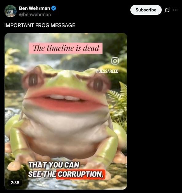 Ben Wehrman's post sharing a frog video with the title The timeline is dead and a subtitle about seeing corruption